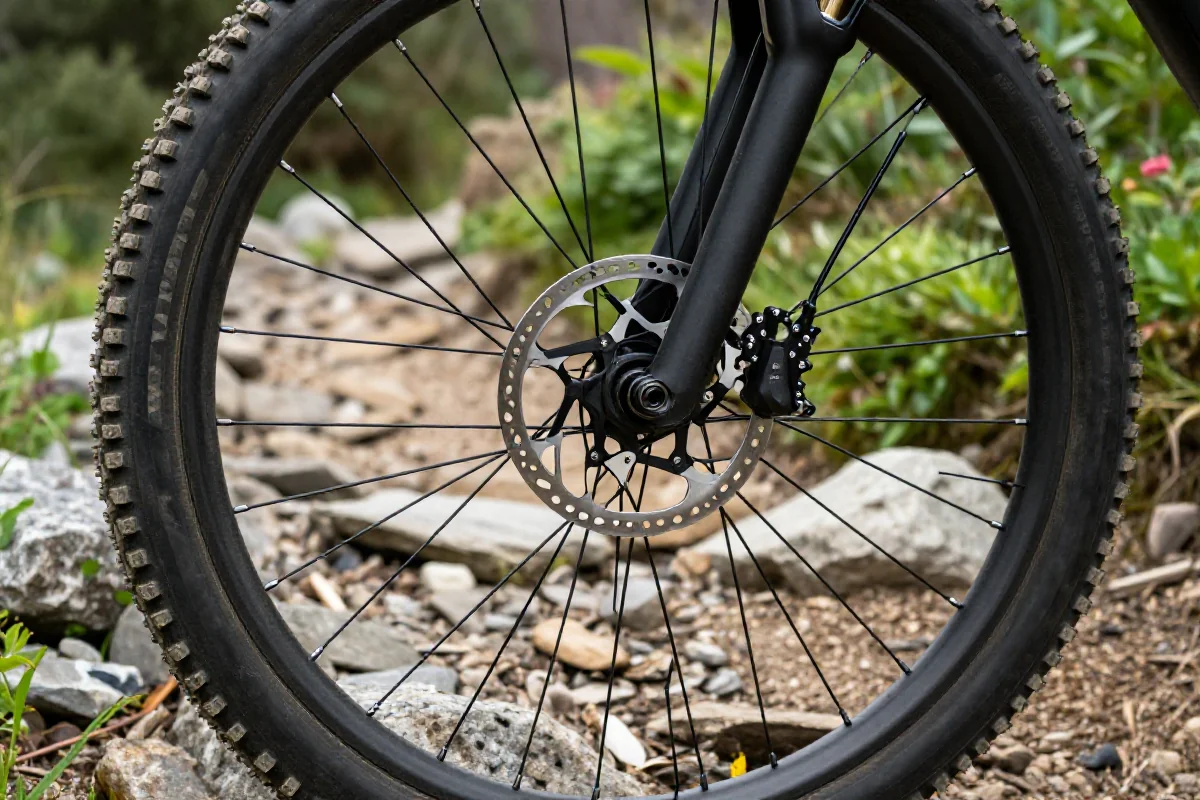 Szczegóły komponentów roweru górskiego, koło i hamulce hydrauliczne.