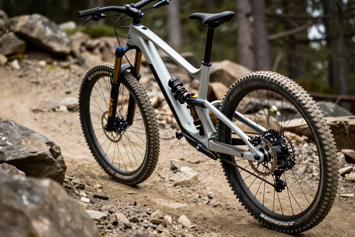 Nowoczesny rower górski na trudnym zjeździe, ukazujący kompresje i g-outy.