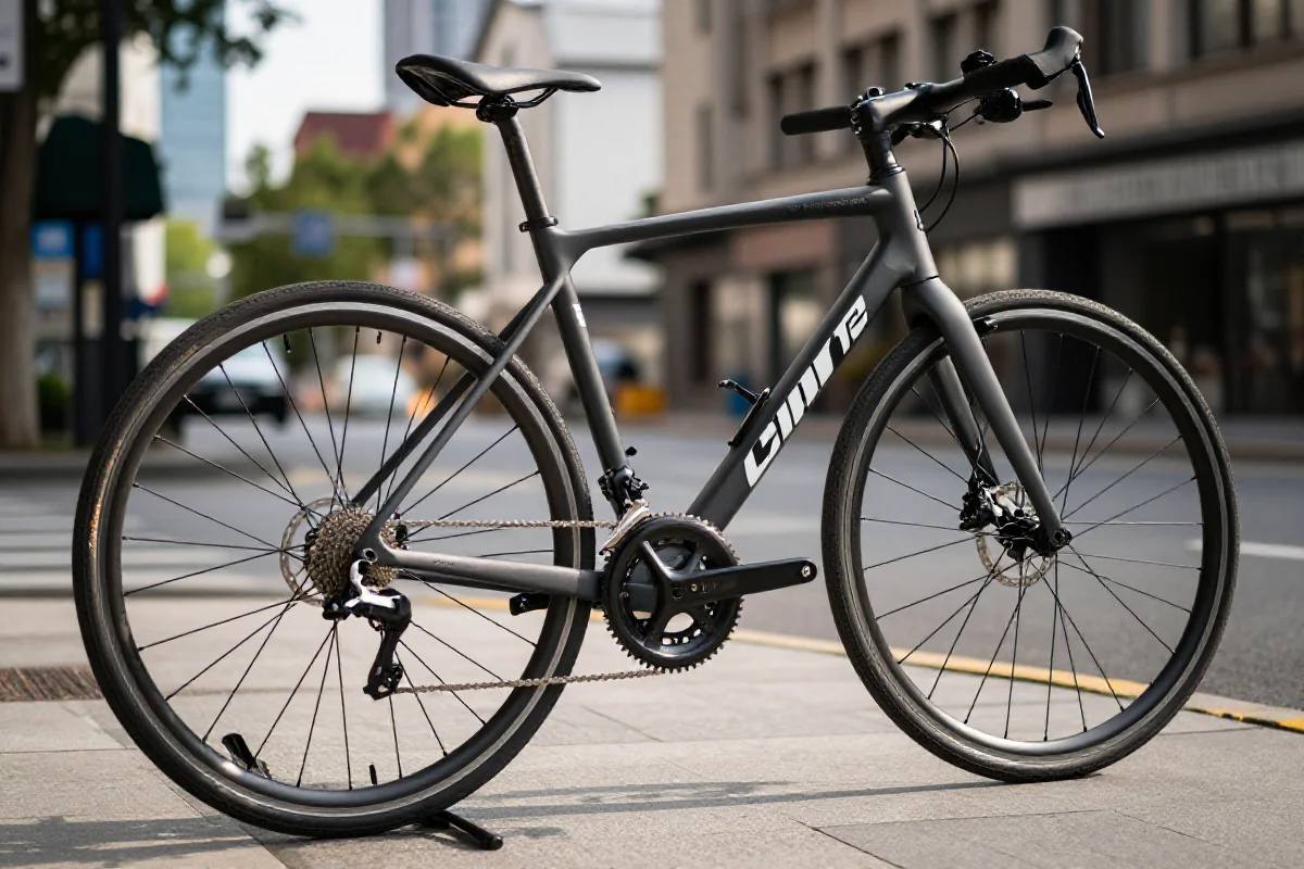 Rower na tle miejskim, ukazujący elementy komunikacji w ruchu.