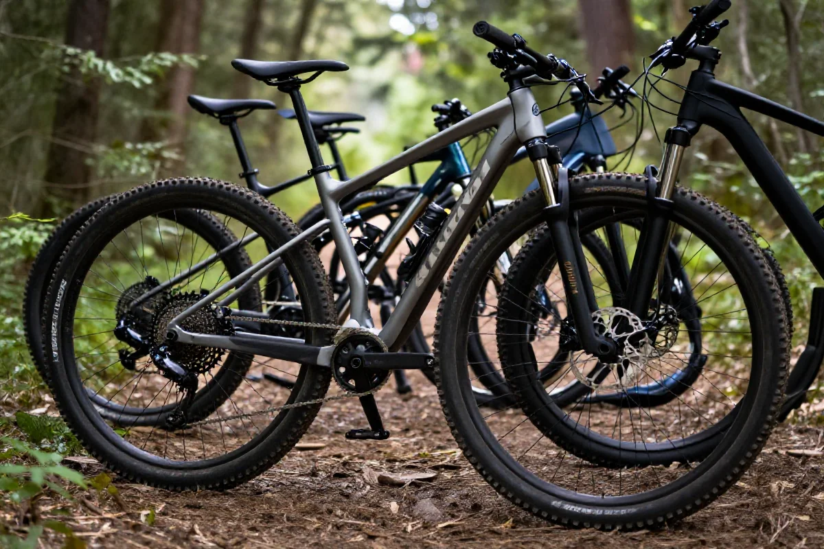 Grupa rowerów górskich na leśnym szlaku, pokazujące szczegóły techniczne.