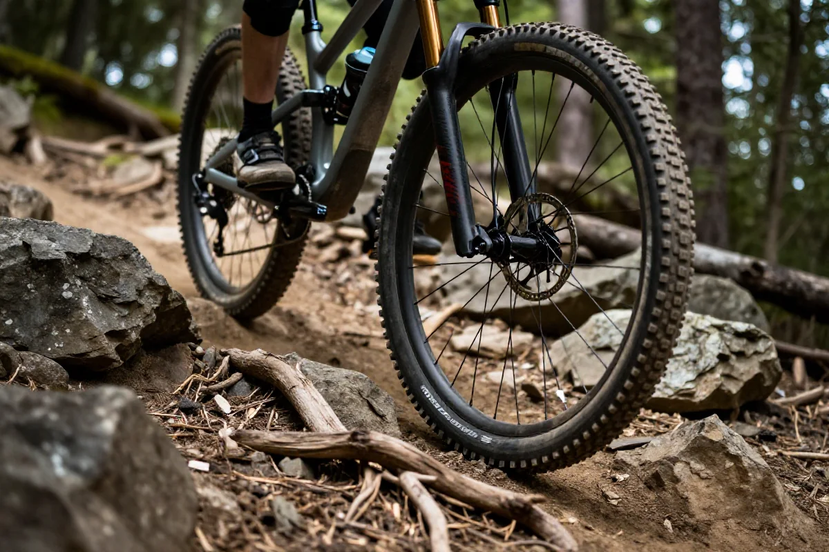 Rower górski na trudnej sekcji szlaku z kamieniami i korzeniami.