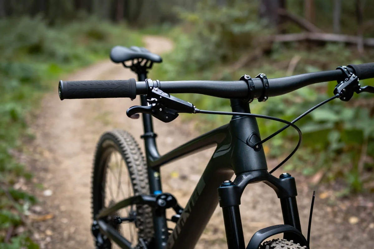 Widok na kierownicę roweru górskiego z detalami hamulców i uchwytów.