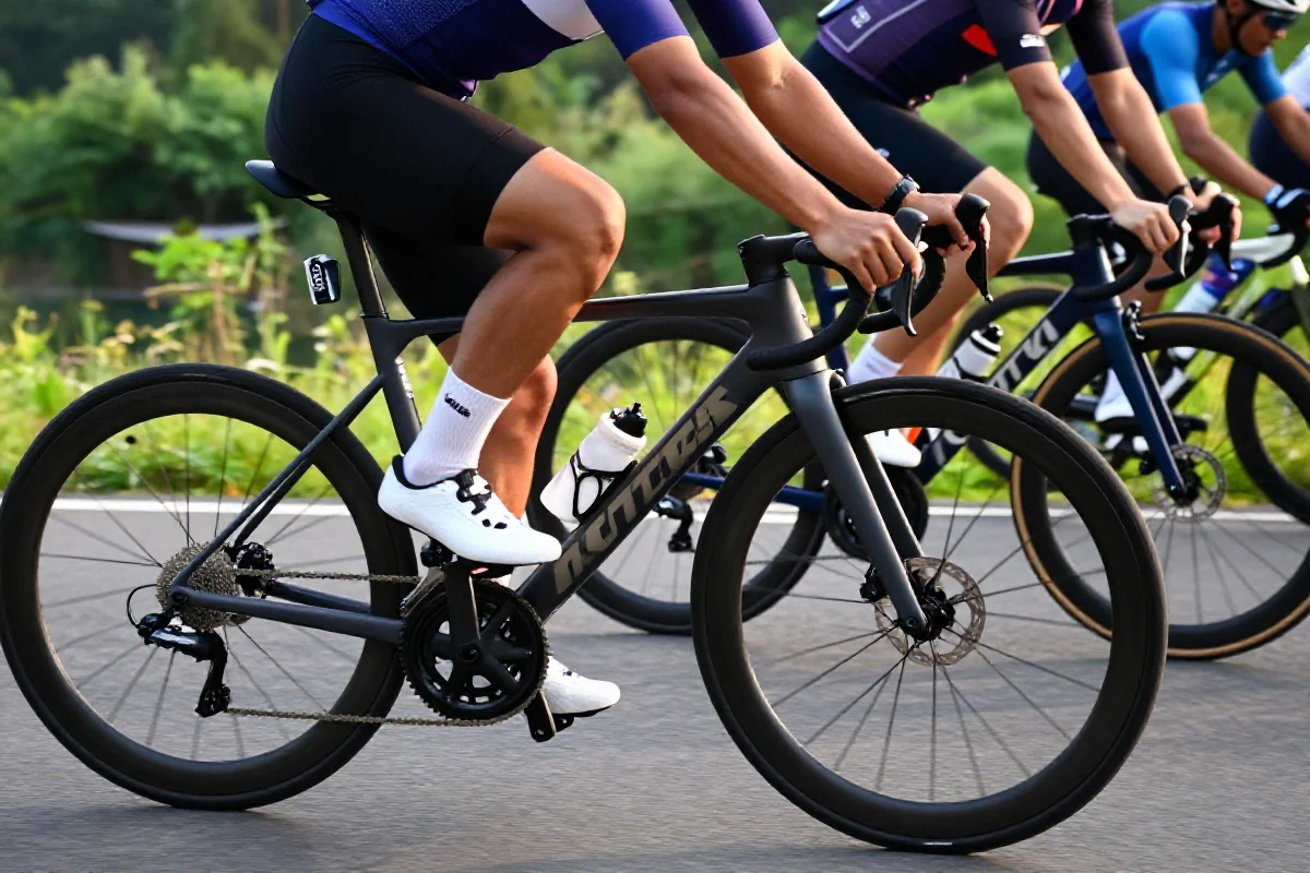 Grupa kolarzy w peletonie na malowniczej trasie rowerowej.