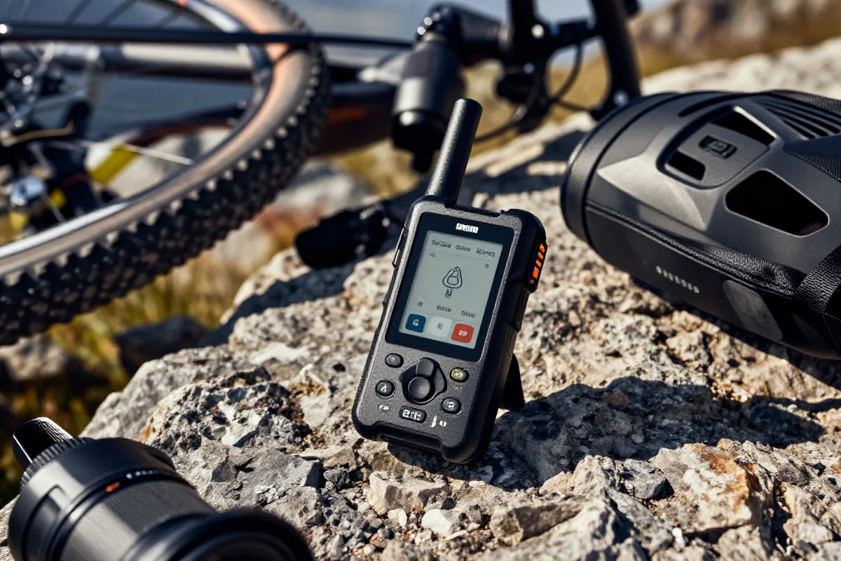 Zbliżenie komunikatora satelitarnego na górskim terenie z akcesoriami rowerowymi.