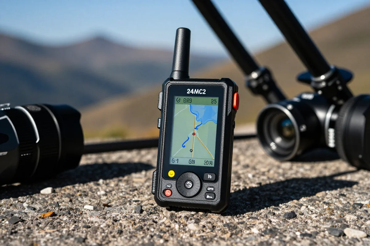 Komunikator satelitarny na tle górskiego krajobrazu, istotne narzędzie dla rowerzystów.