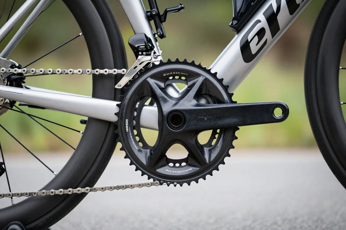 Zbliżenie na korbę roweru szosowego z konfiguracją 53/39 na ścieżce rowerowej.