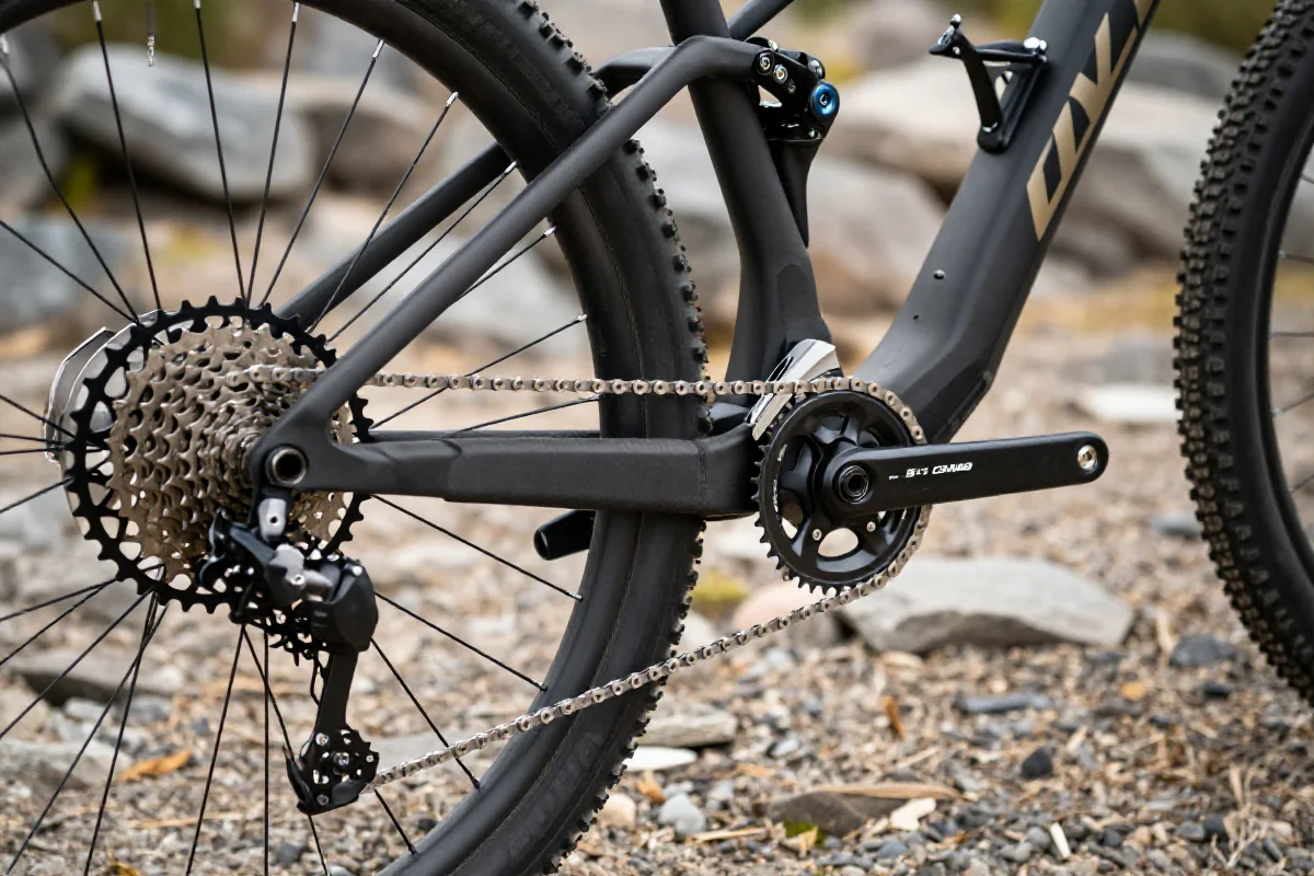 Napęd 1x w rowerze górskim z widokiem na zębatki i kasetę.