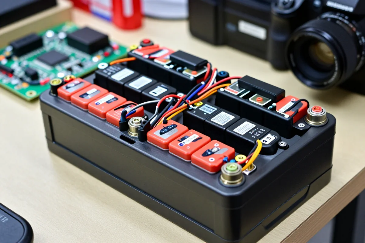 Pakiet baterii elektrycznego roweru z widocznymi połączeniami i szczegółami.