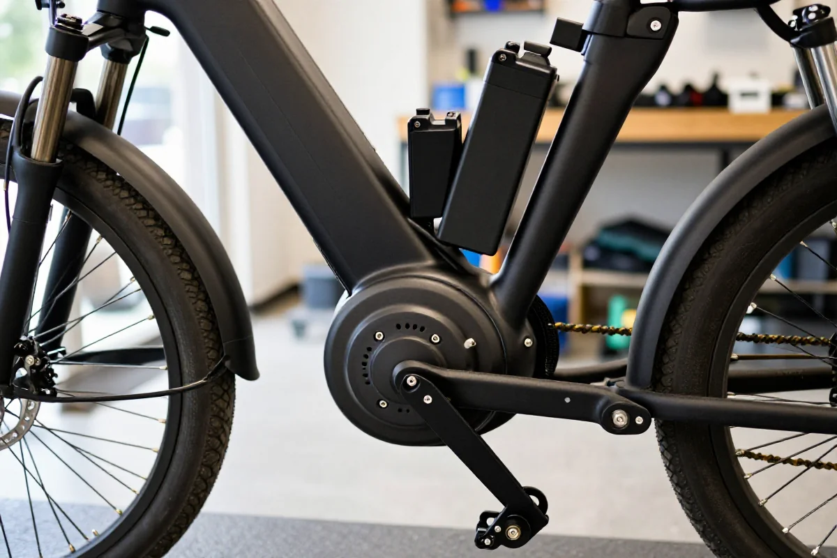 Szczegółowy widok zmodyfikowanego roweru elektrycznego w warsztacie