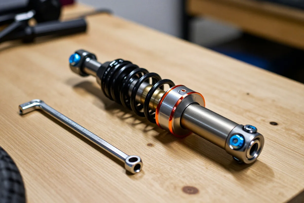 Amortyzator górski na warsztacie, narzędzia do konserwacji rowerów.