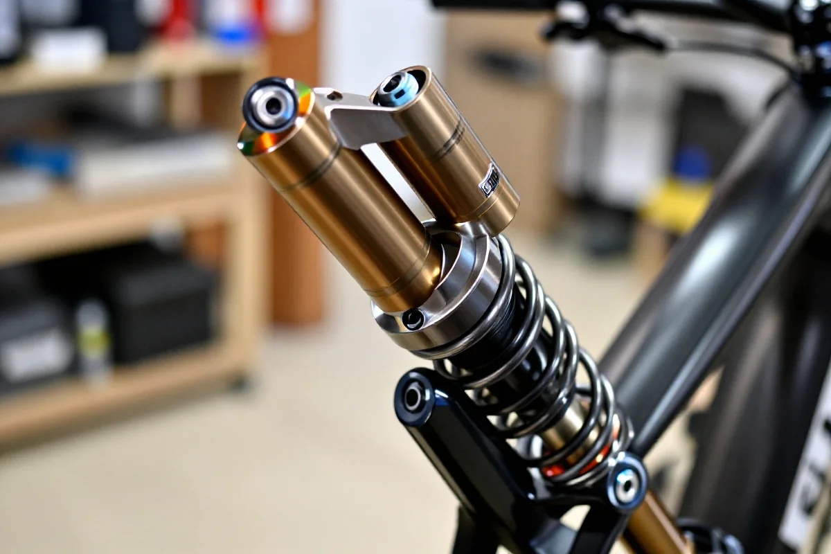 Amortyzator tylny roweru MTB w warsztacie, szczegóły i konserwacja.