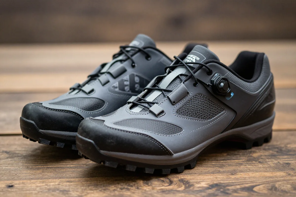 Zdjęcie butów platformowych do jazdy na rowerze MTB na drewnianej powierzchni.