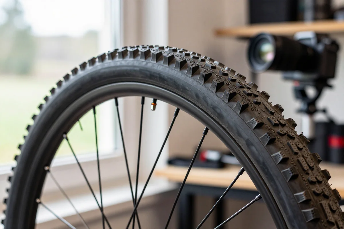 Tubeless MTB opona z widoczną obręczą i uszczelniaczem w warsztacie
