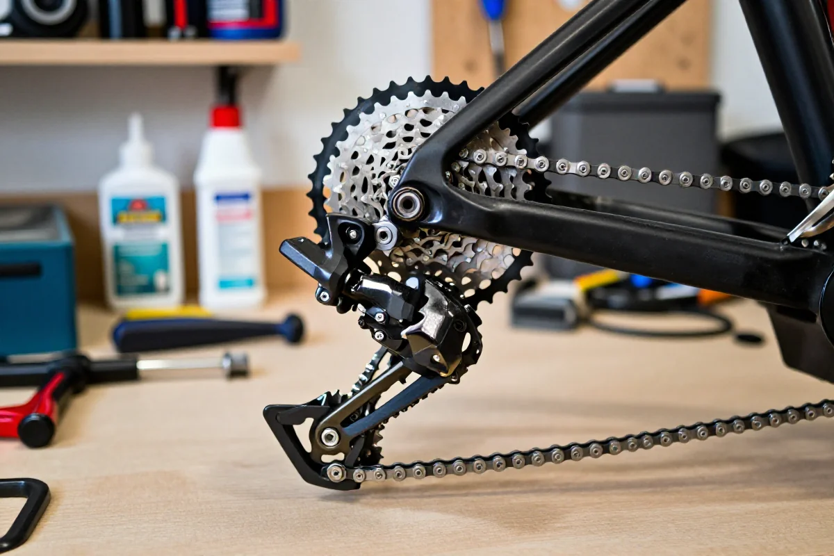 Szczegółowy widok łańcucha MTB i narzędzi do konserwacji w warsztacie