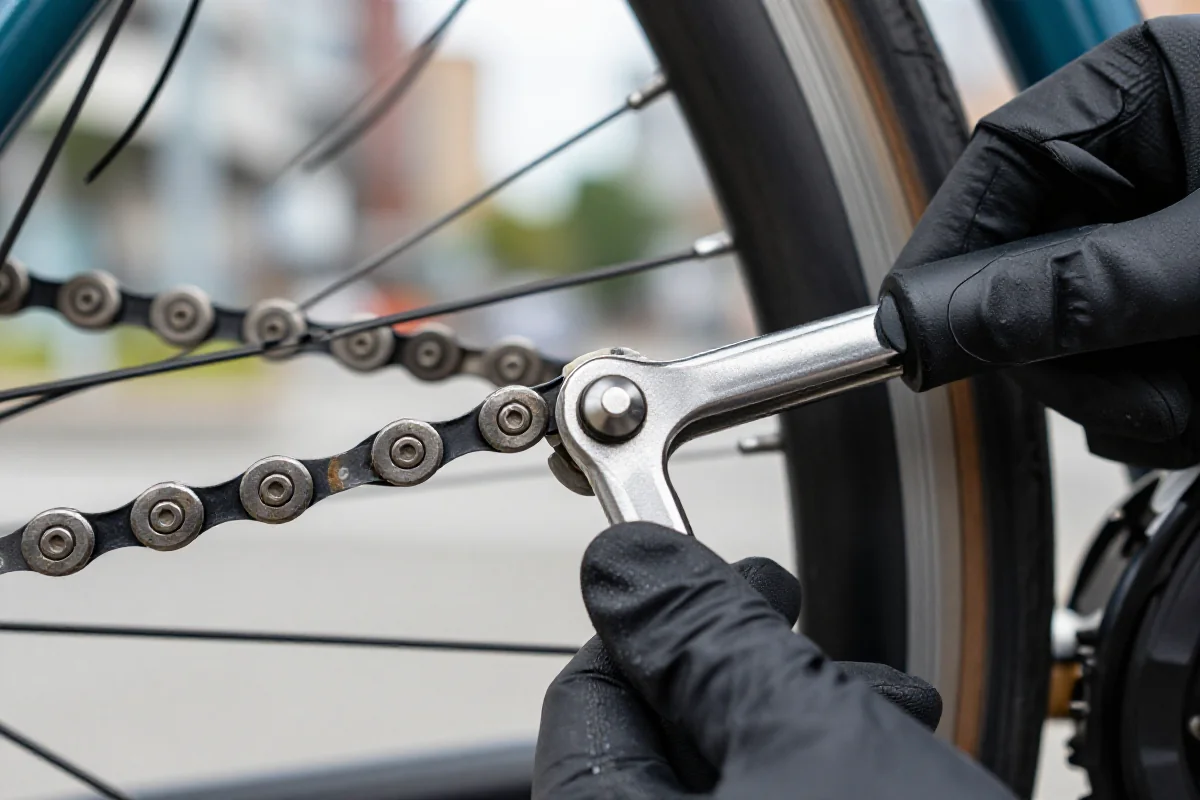 Zbliżenie na łańcuch rowerowy z narzędziem do pomiaru zużycia w miejskim otoczeniu.