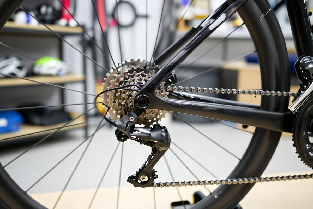 Szczegóły napędu roweru szosowego w warsztacie, ważne dla konserwacji.