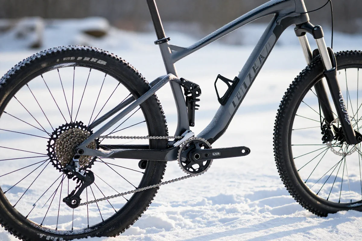 Zimowa konserwacja roweru górskiego z widocznymi komponentami i śniegiem