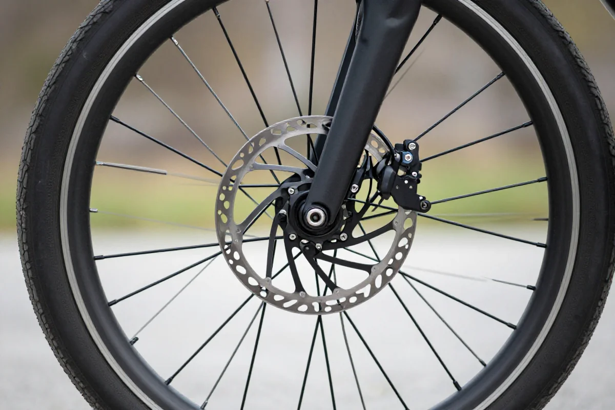 Szczegóły hamulca tarczowego w rowerze elektrycznym, konserwacja roweru.