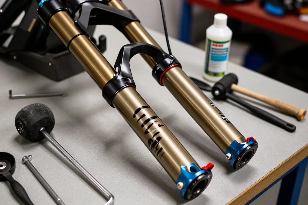 Serwis dolnych nóg widelca MTB z narzędziami i smarem na stole warsztatowym.