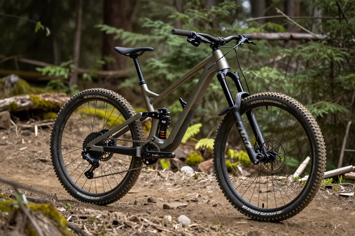 Rower downhill na górskim szlaku, ukazujący nowoczesną konstrukcję i geometrię.