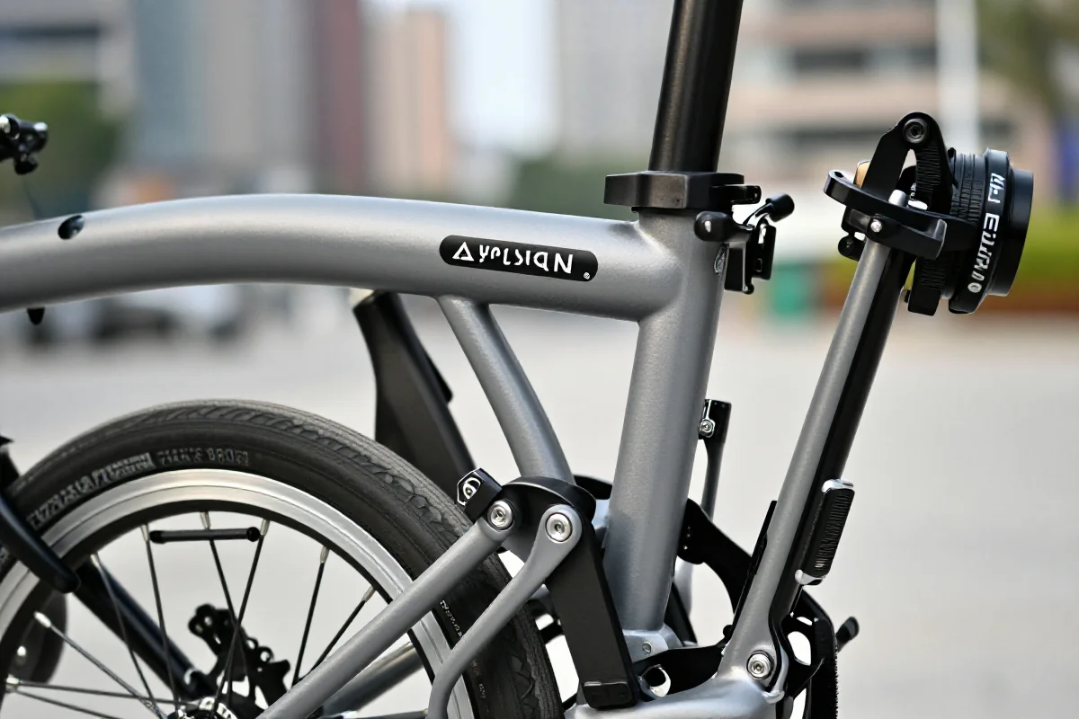 Mechanizm składania roweru miejskiego, z bliska, ukazujący detale konstrukcji.