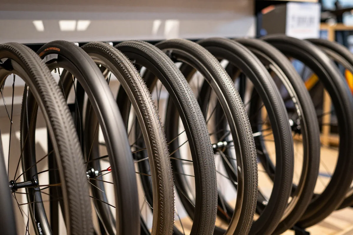 Różne opony szosowe na ekspozycji w sklepie rowerowym.