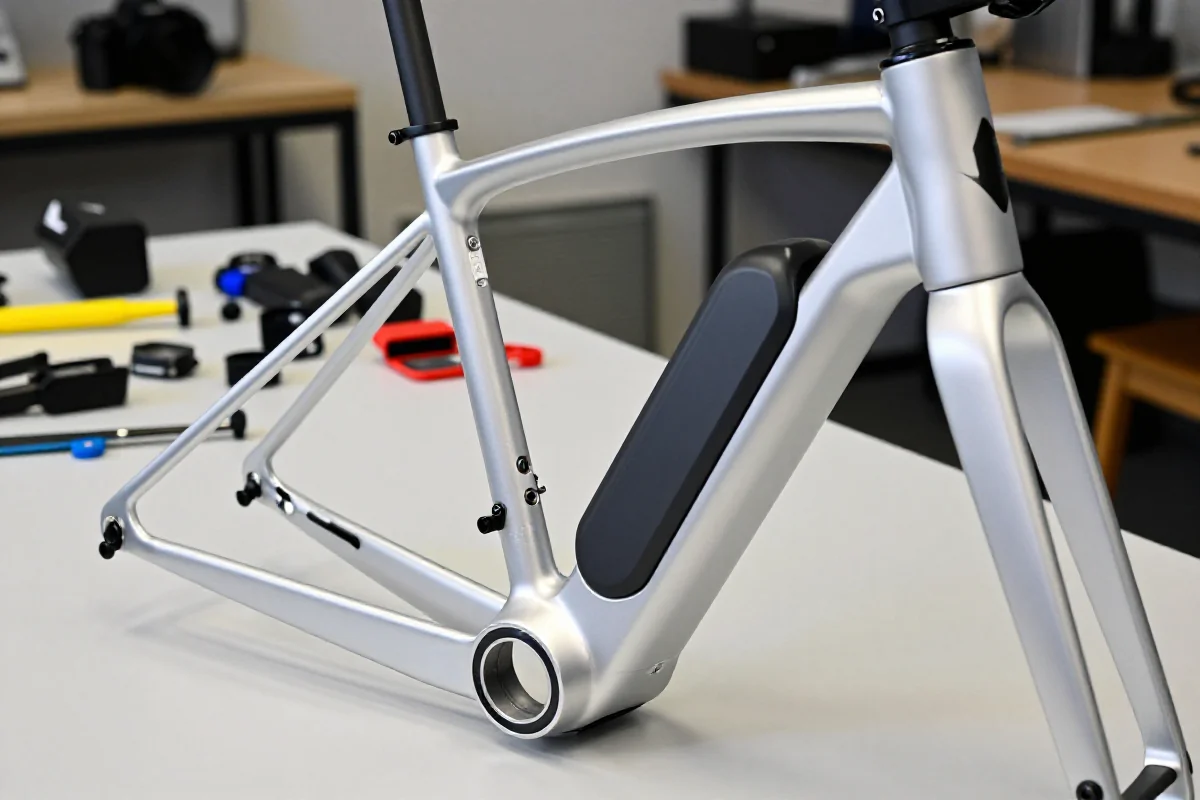 Nowoczesna rama roweru elektrycznego z aluminium, szczegóły konstrukcyjne i montaż komponentów.