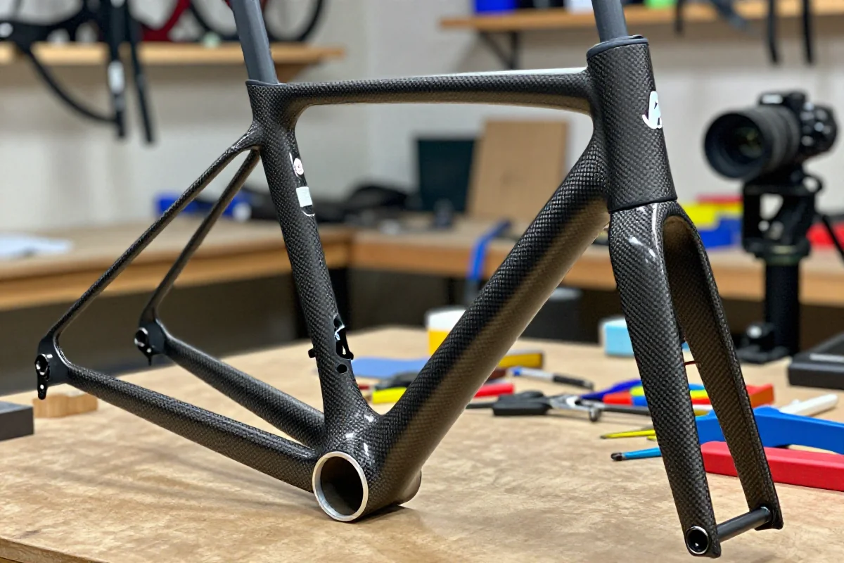 Zbliżenie na karbonową ramę rowerową z konstrukcją monocoque, szczegóły technologii.