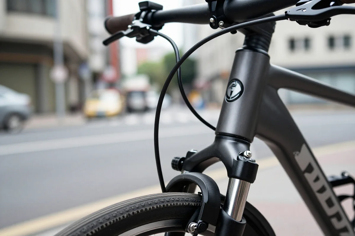 Kontrola bezpieczeństwa roweru w miejskim otoczeniu, z bliska na hamulec i kierownicę.