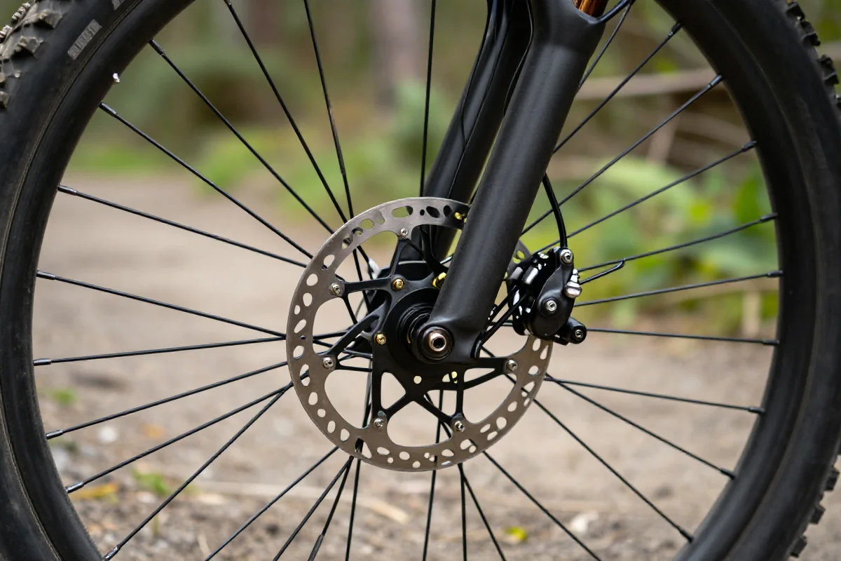 Zbliżenie na systemy hamulcowe roweru MTB, przedni i tylny hamulec.