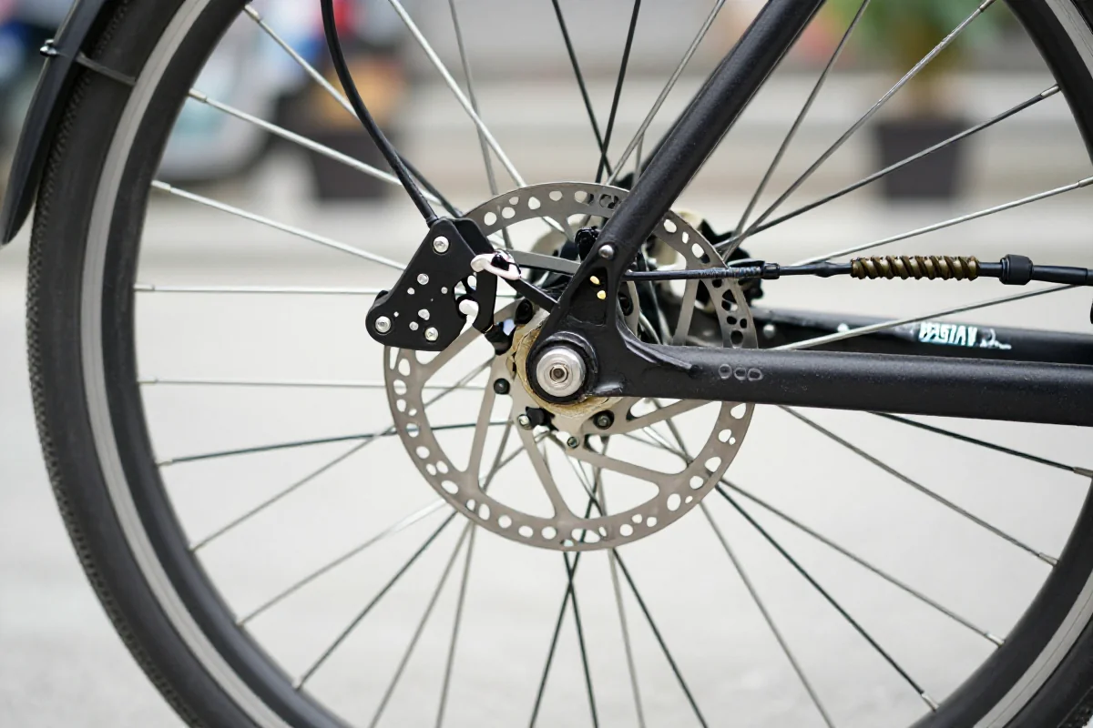 Widok hamulców V-brake i tarczowych na używanym rowerze miejskim.