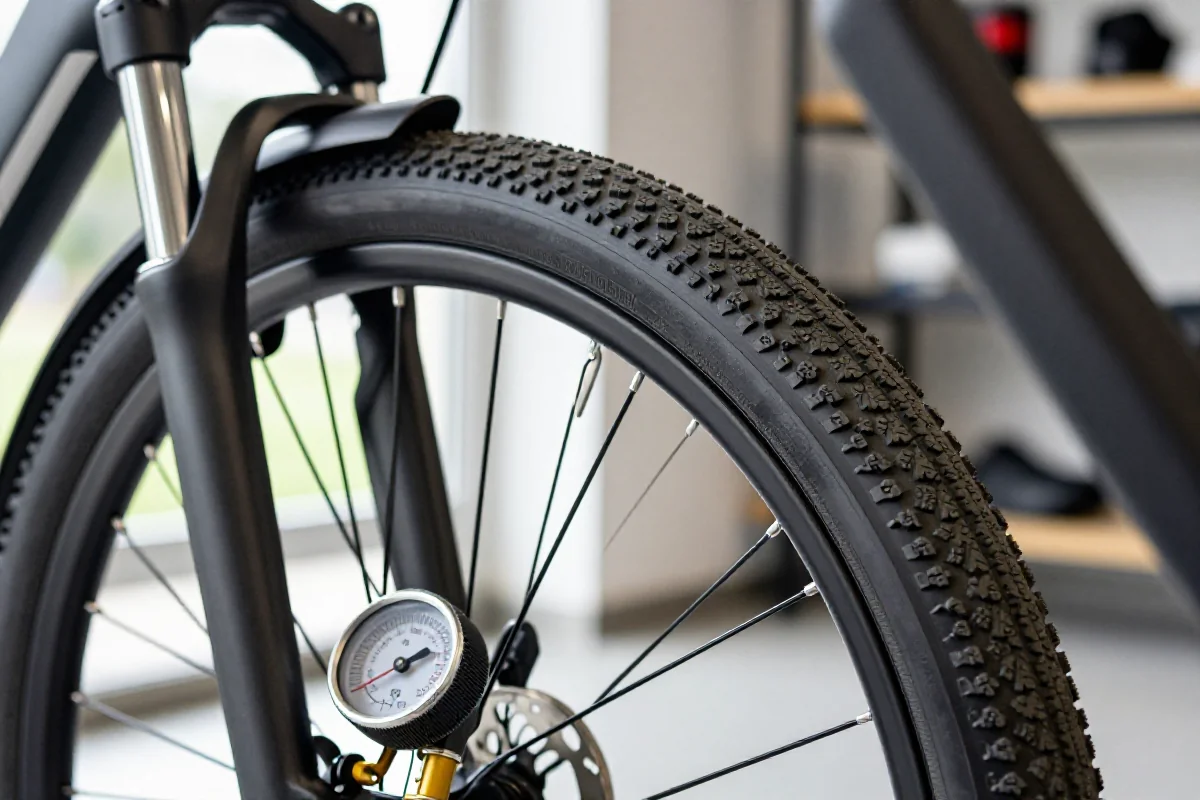 Kontrola opon w rowerze elektrycznym, z widocznym manometrem i detalami opony.