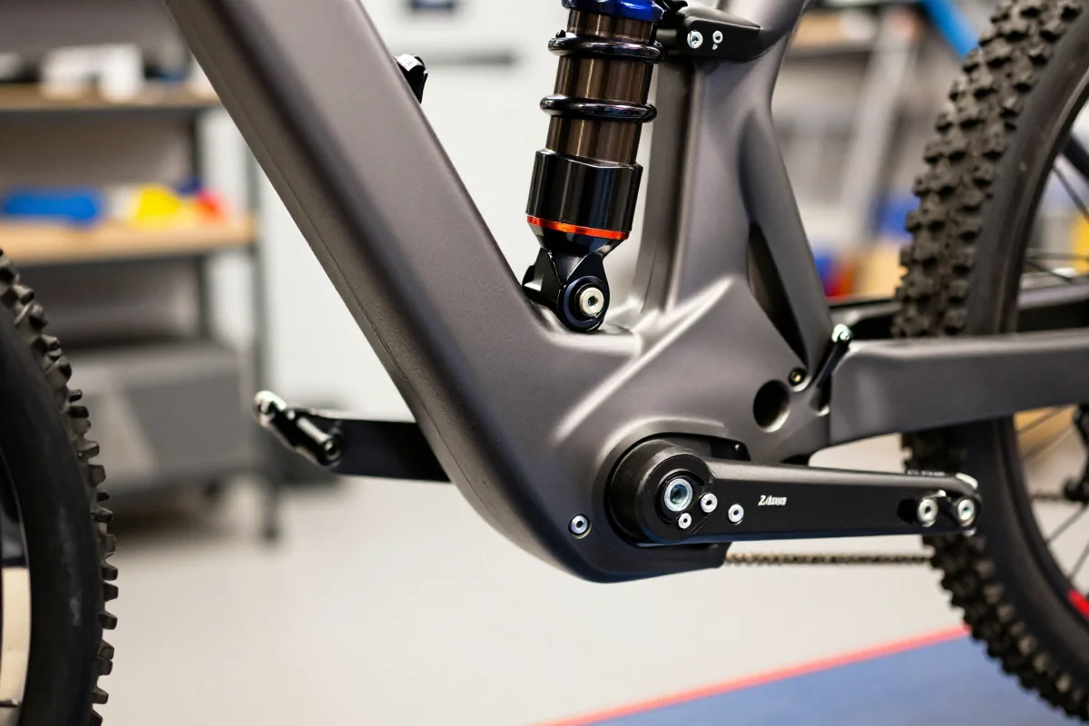 Widok z bliska na punkty obrotu w zawieszeniu roweru górskiego.