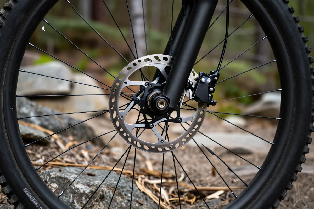 Szczegółowy widok na system hamulcowy roweru górskiego na szlaku.
