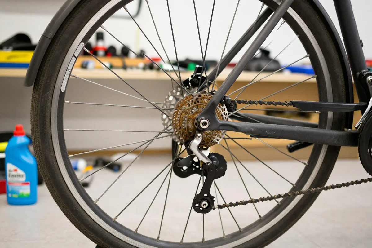 Inspekcja roweru po zimie z widokiem na hamulce i opony.