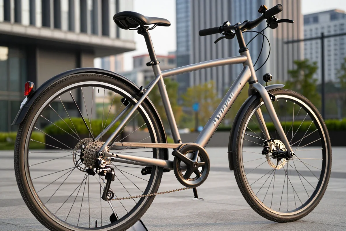 Szczegółowy widok nowoczesnego roweru miejskiego w miejskim otoczeniu.