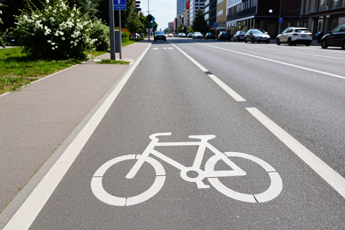 Nowoczesna ścieżka rowerowa w mieście, zapewniająca bezpieczeństwo rowerzystów.