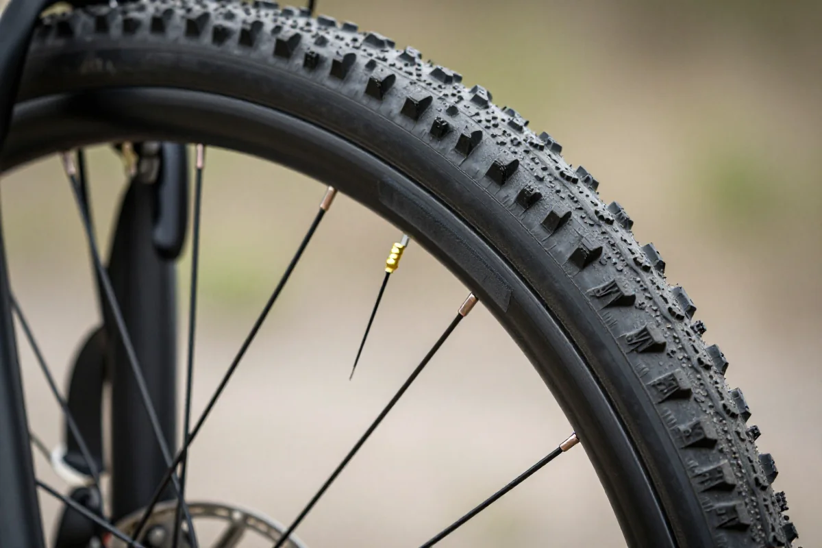 Zbliżenie nowoczesnego koła MTB z konwersją tubeless, taśma tubeless, zawór i opona.