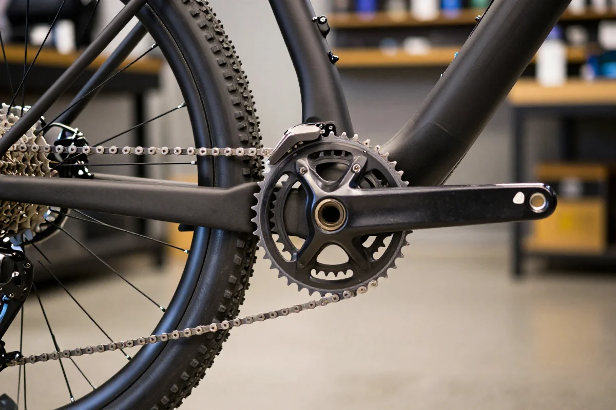 Konwersja napędu MTB z 2x na 1x z widocznym chainringiem i przerzutką.