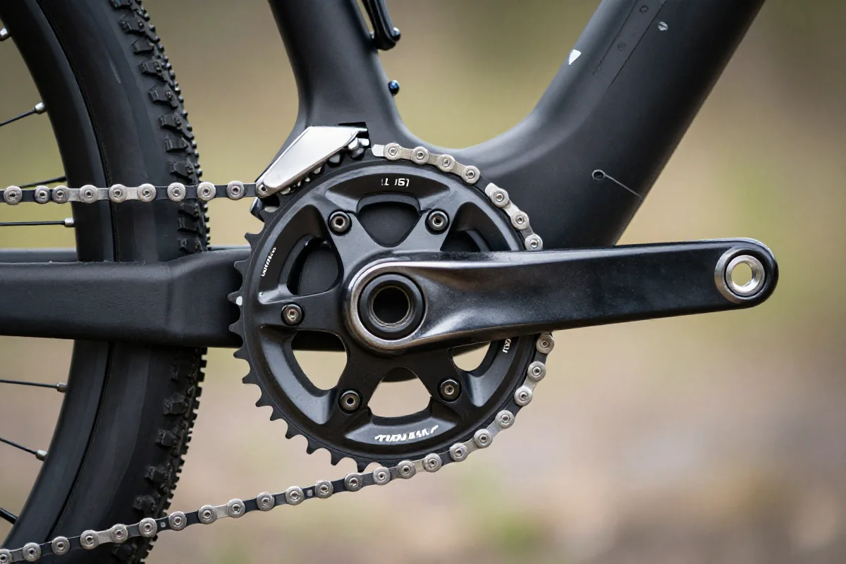 Zbliżenie na korby i łańcuchy roweru górskiego, szczegóły komponentów.