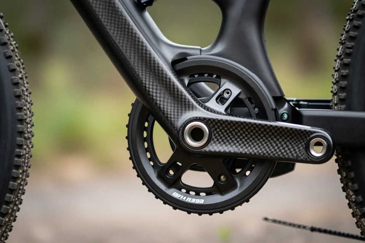 Szczegóły korby MTB z materiału węglowego i standardami mocowania osi.