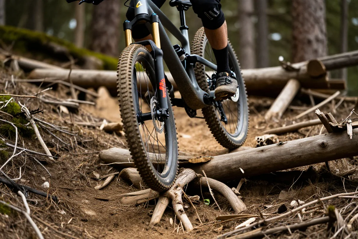 Rower górski pokonujący przeszkody z korzeni i drewna w naturalnym terenie.