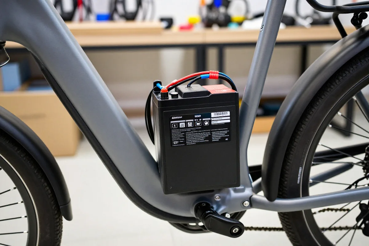 Akumulator roweru elektrycznego w warsztacie, detale i pojemność baterii.