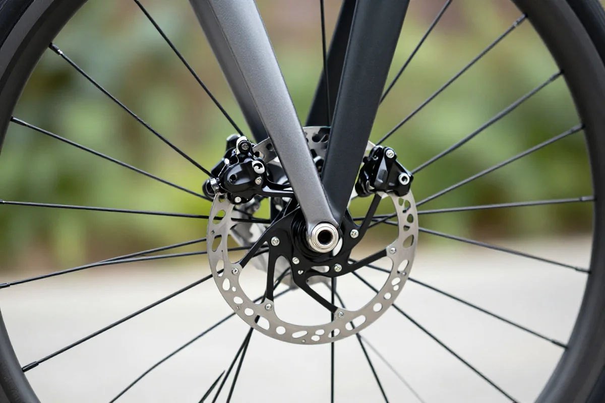 Szczegóły systemu hamulcowego roweru szosowego, z widocznymi hamulcami tarczowymi i szczękowymi.