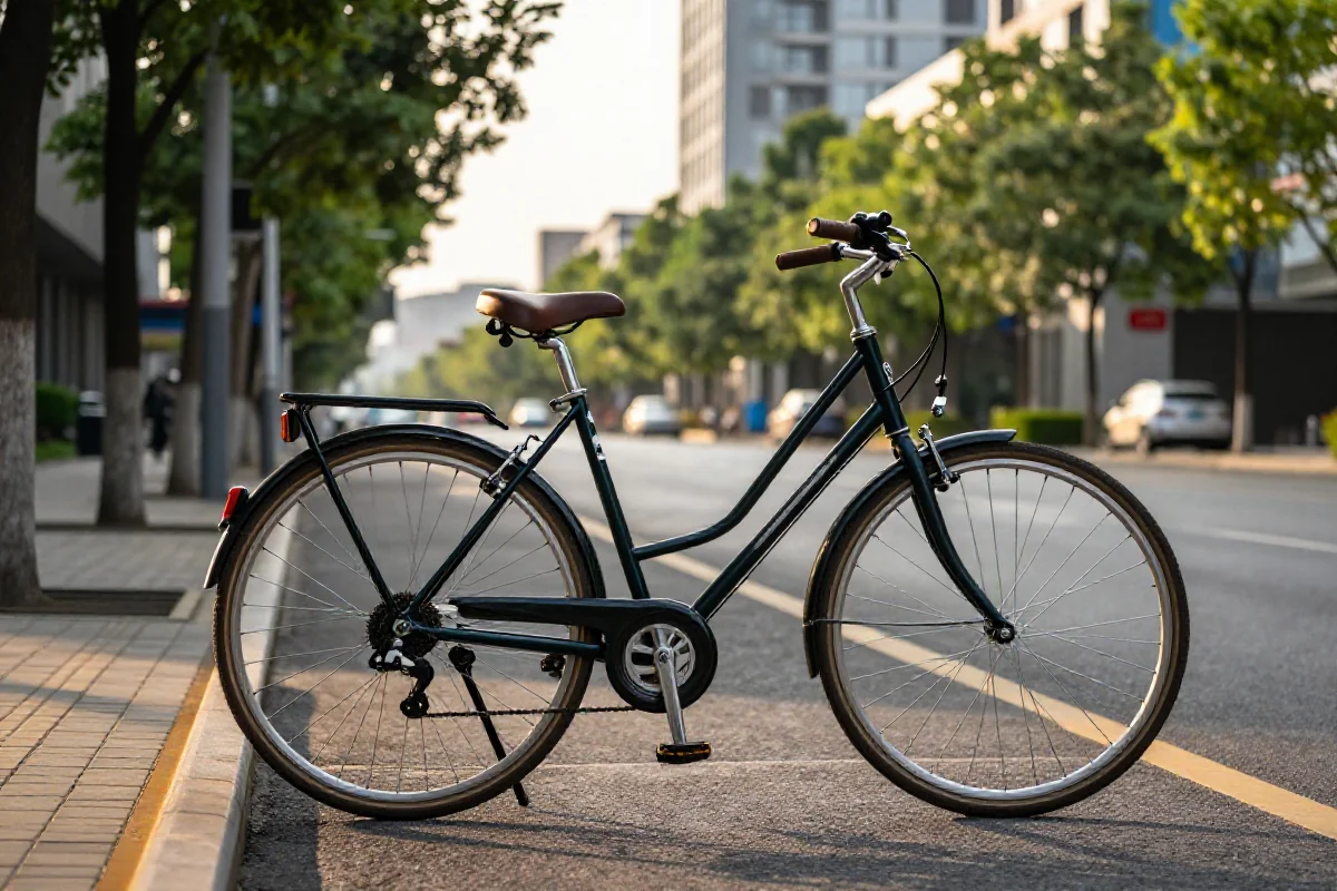 Osobowy rower miejski na tle miejskiego krajobrazu w ciepłym świetle.