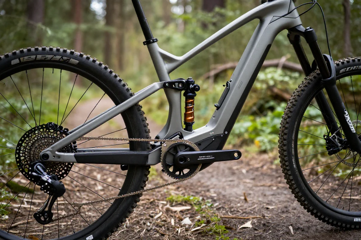 Nowoczesny rower elektryczny górski E-MTB w naturalnym otoczeniu leśnym.