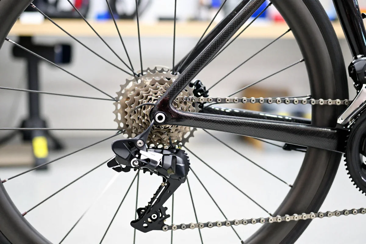 Szczegóły osprzętu roweru szosowego w warsztacie, ukazujące precyzyjne komponenty.