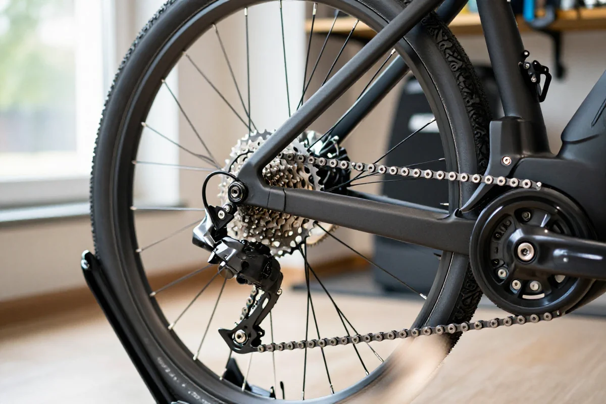 Szczegółowy widok napędu roweru elektrycznego w warsztacie
