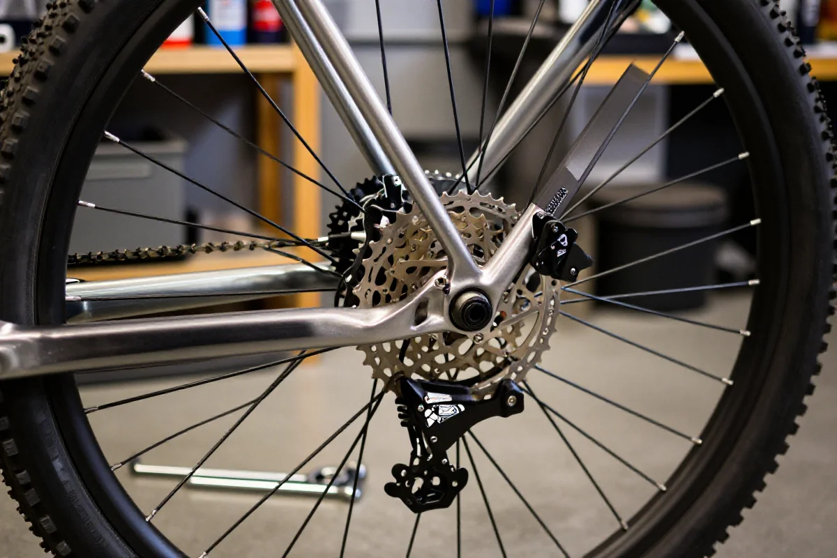 Zbliżenie na rower górski w warsztacie, narzędzia do serwisu DIY.