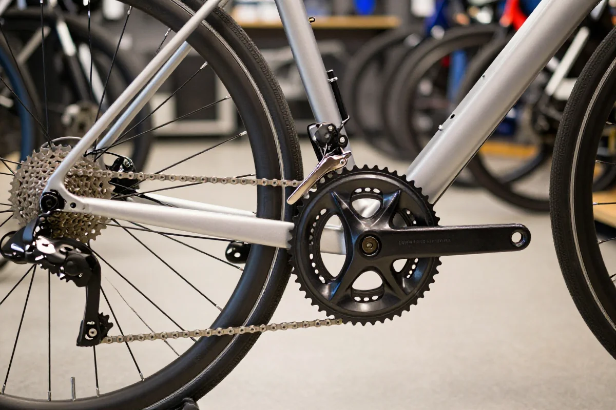 Szczegółowy widok komponentów roweru miejskiego w warsztacie rowerowym